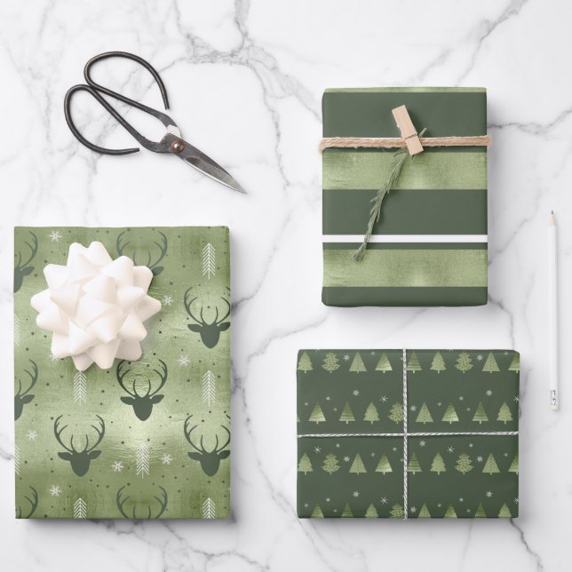 Christmas Deer Antler, Stripes and Fir Trees ID864 Wrapping Paper Sheet (Front)