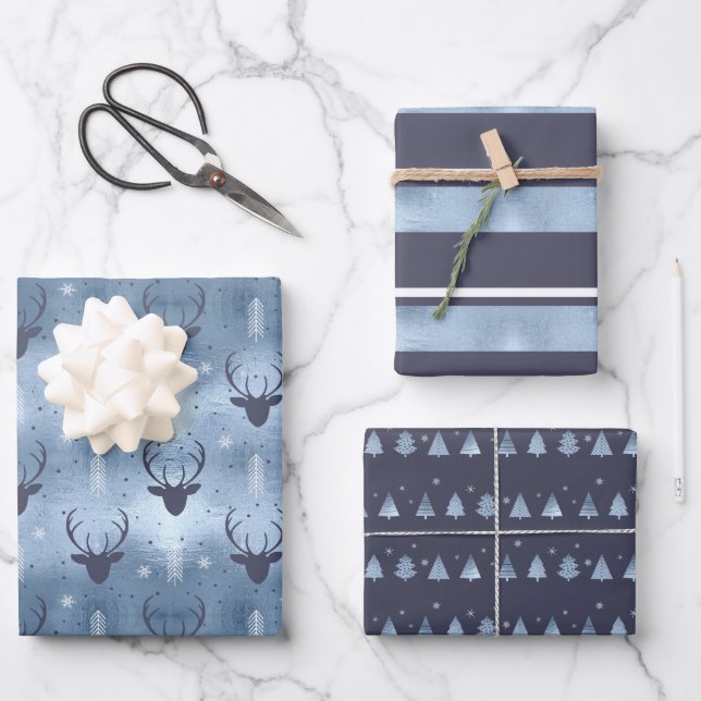 Christmas Deer Antler, Stripes, Trees Blue ID864 Wrapping Paper Sheet (Front)