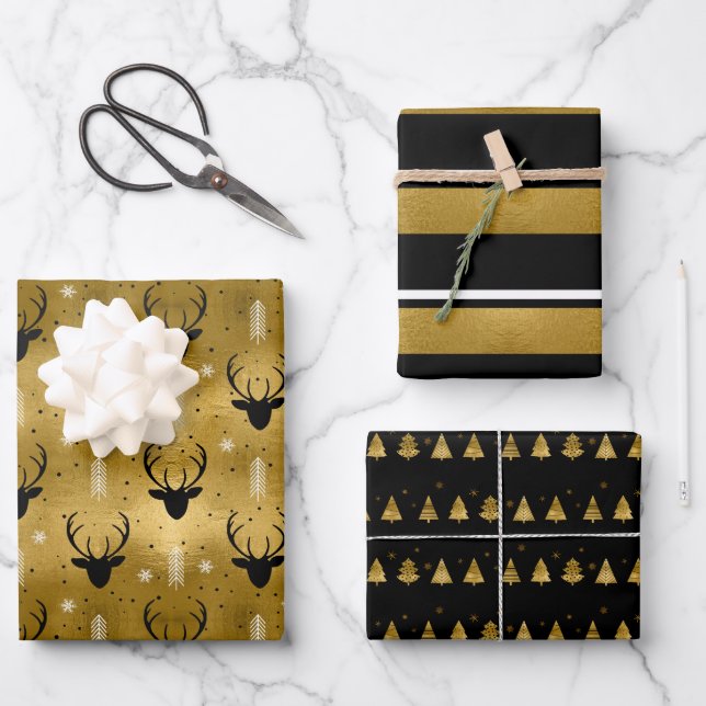 Christmas Deer Antler, Stripes, Trees Gold ID864  Wrapping Paper Sheet (Front)