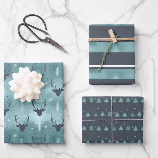 Christmas Deer Antler, Stripes, Trees Teal ID864 Wrapping Paper Sheet (Front)
