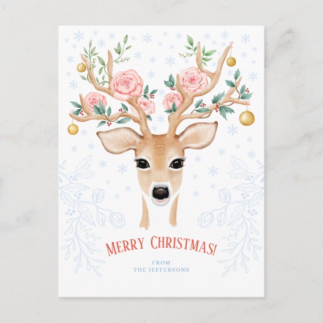 Christmas Deer Antler Watercolor Holly Roses Snow Holiday Postcard (Front)