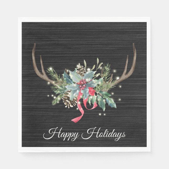 Christmas Deer Antler with Lights on Wood Napkin (Front)