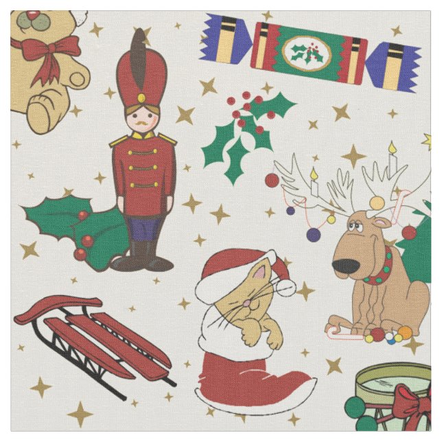 Christmas deer,bear,cat and Nutcracker Fabric (Close Up)