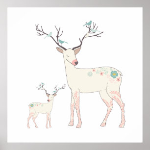 Christmas Deer Birds & Flowers Illustration Poster