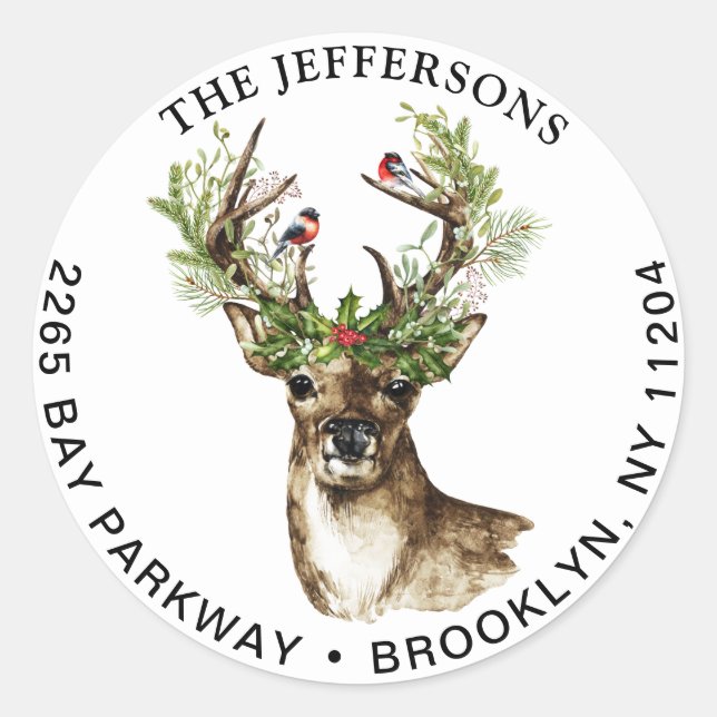 Christmas Deer & Birds Horns Return Address Label (Front)
