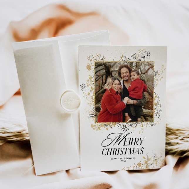 Christmas Deer Black And Gold Floral Photo Digital Holiday Card (Creator Uploaded)