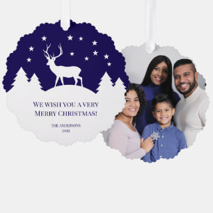 Christmas Deer Blue White Pine Trees Family Photo Tree Decoration Card