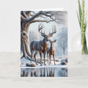 Christmas Deer By Icy Pond Holiday Card