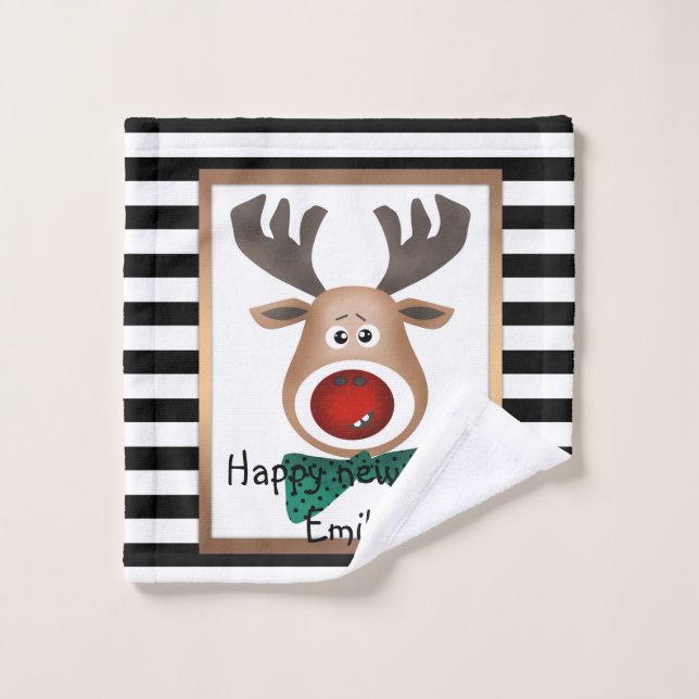 Christmas deer card striped black white celebrate bath towel set (Wash Cloth)