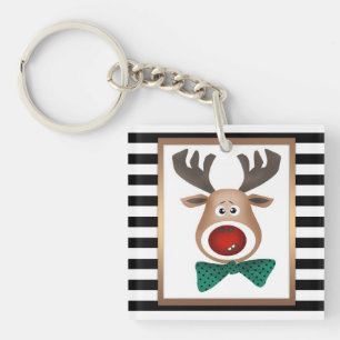 Christmas deer card striped black white celebrate key ring