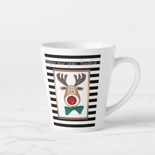 Christmas deer card striped black white celebrate latte mug (Right)