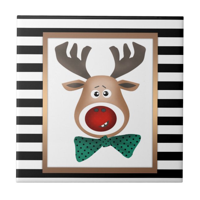 Christmas deer card striped black white celebrate tile (Front)