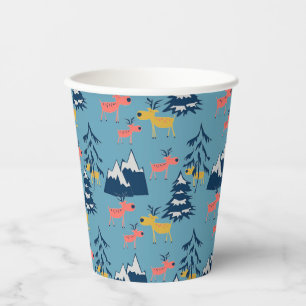 Christmas deer , Christmas trees, mountains Paper Cups
