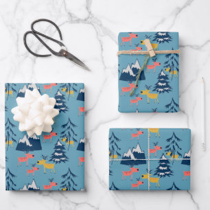 Christmas deer , Christmas trees, mountains Wrappi Wrapping Paper Sheet