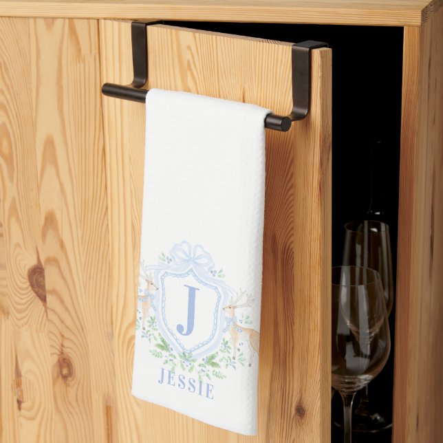 Christmas Deer Crest Monogram With Name Tea Towel (Thirds Fold)