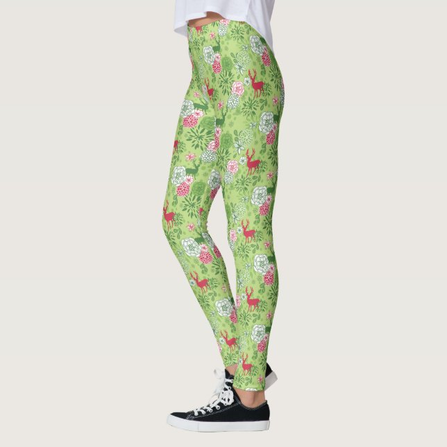 Christmas Deer & Foliage Seamless Pattern Leggings (Left)