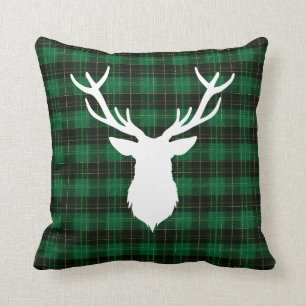 Christmas Deer Green Plaid Throw Pillow