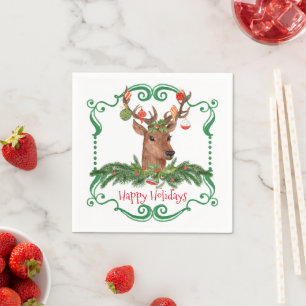Christmas Deer Happy Holidays Frame Napkin