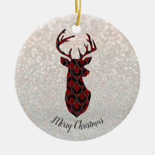 Christmas deer head, checkered, red and black ceramic tree decoration