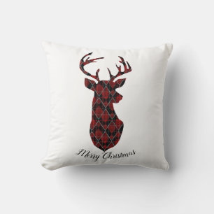Christmas deer head, chequered, red and black cushion