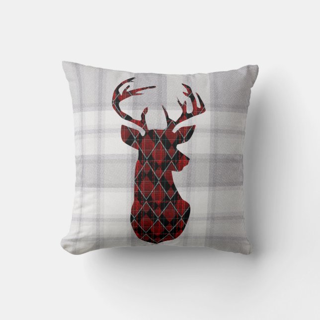 Christmas deer head, chequered, red and black thro cushion (Front)