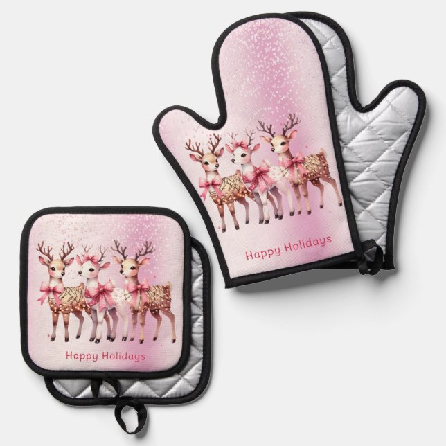 Christmas Deer Holiday Oven Mitt & Pot Holder Set (Front/Back)