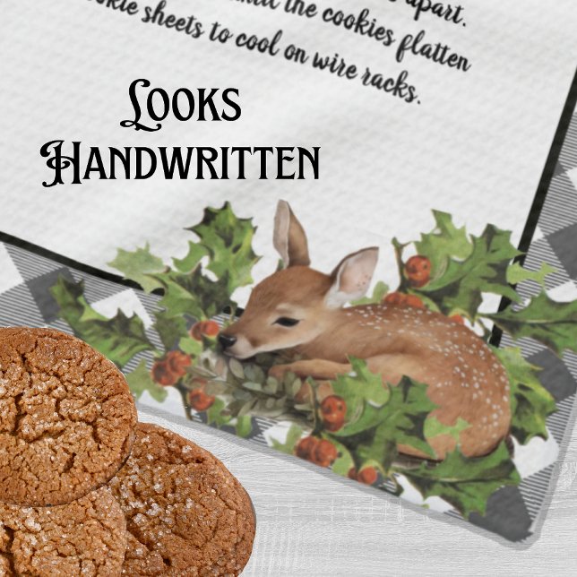 Christmas Deer Holy Recipe Keepsake Grey Plaid  Tea Towel (Creator Uploaded)