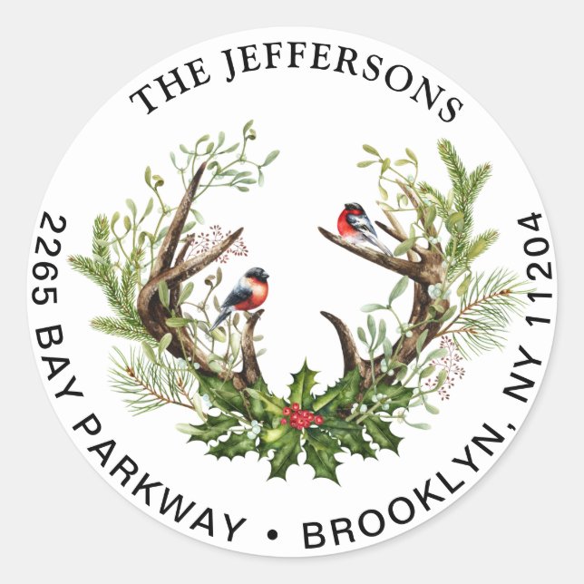 Christmas Deer Horns & Birds  Return Address Label (Front)