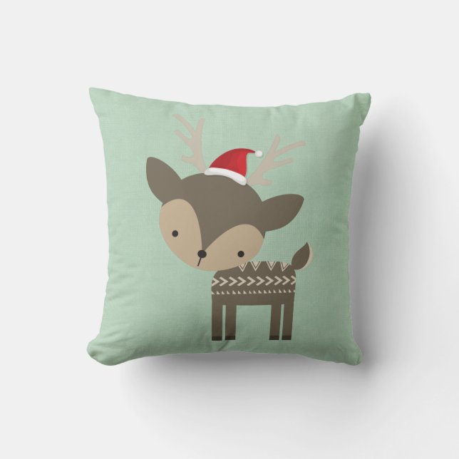 Christmas Deer In A Red Santa Hat Retro Hipster Cushion (Front)