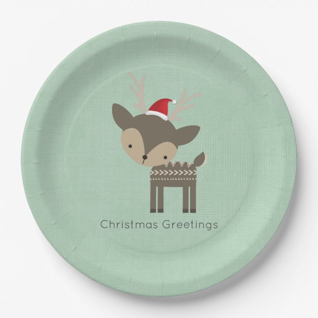 Christmas Deer In A Red Santa Hat Retro Hipster Paper Plate (Front)