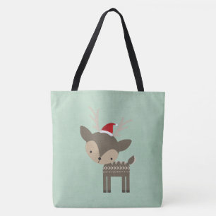 Christmas Deer In A Red Santa Hat Retro Hipster Tote Bag