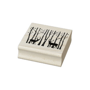 Christmas deer in birch tree forest Wood Art Stamp
