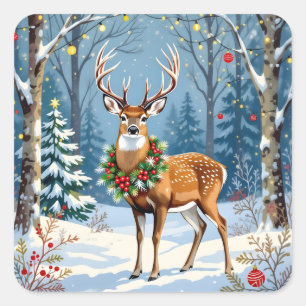 Christmas Deer in Festive Winter Forest Square Sticker