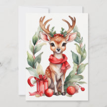 Christmas Deer in Red Scarf Flat Holiday Card