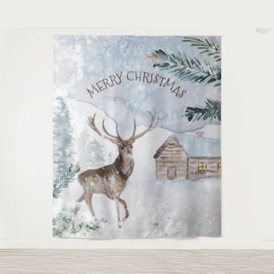 Christmas deer in snowy woods tapestry