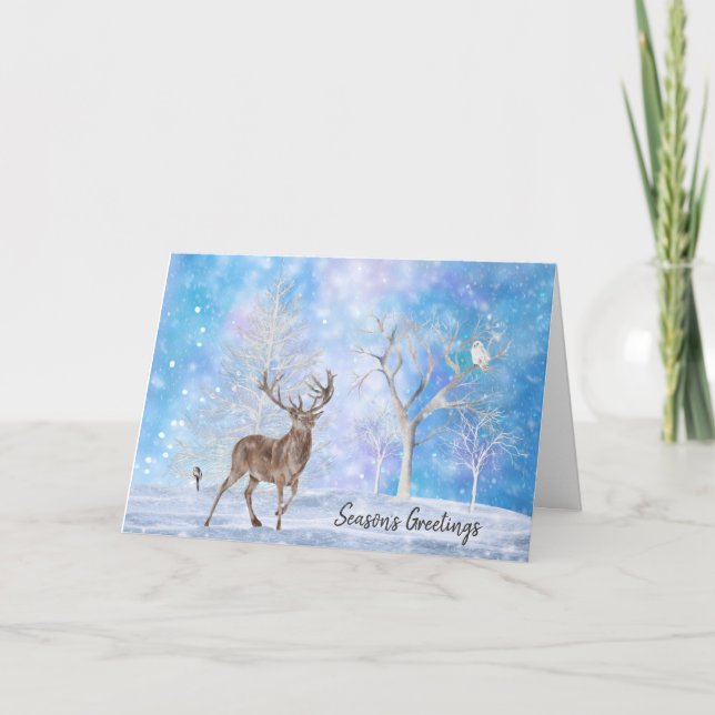 Christmas Deer In Winter Woods  Holiday Card (Front)