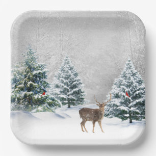 Christmas Deer In Winter Woods Paper Plate