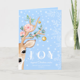 Christmas Deer Joy Holly Floral Antlers Snow Photo Holiday Card