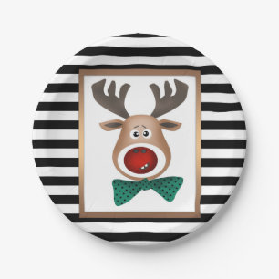 Christmas deer moose card striped black white cele paper plate