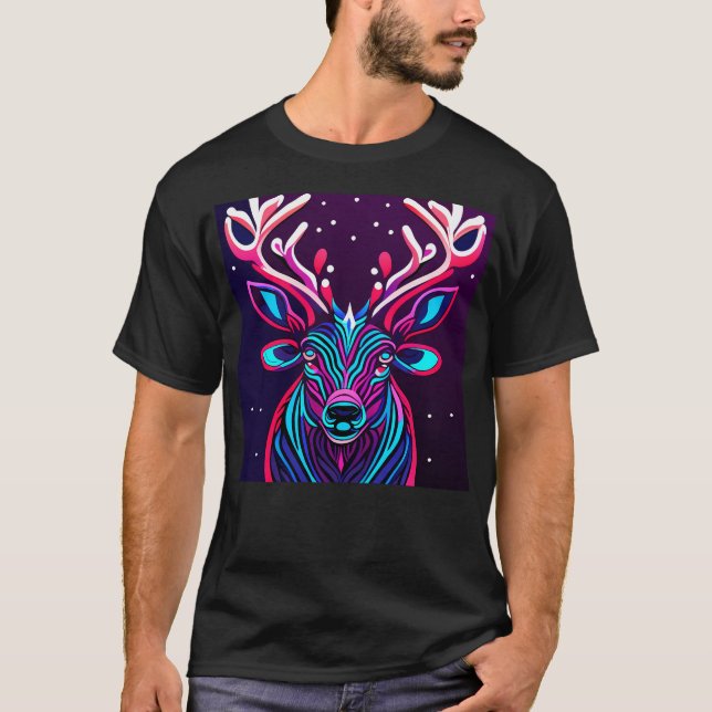 Christmas Deer Neon Deer Christmas Reindeer Horned T-Shirt (Front)