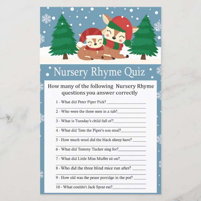Christmas deer Nursery Rhyme Quiz baby shower game (Front)