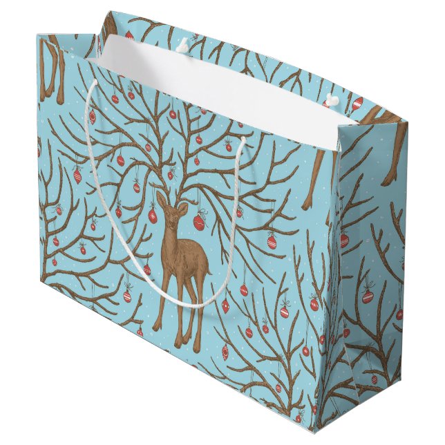 Christmas deer on blue large gift bag (Back Angled)