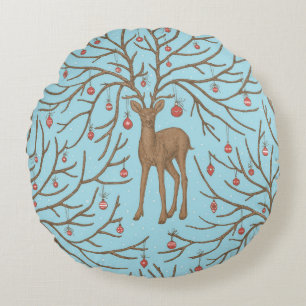 Christmas deer on blue round cushion