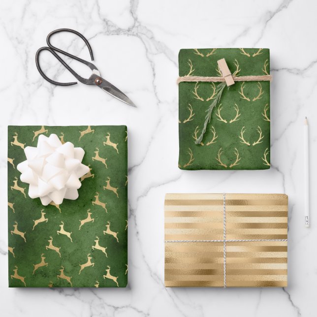 Christmas Deer Patterns Green Gold Wrapping Paper Sheet (Front)