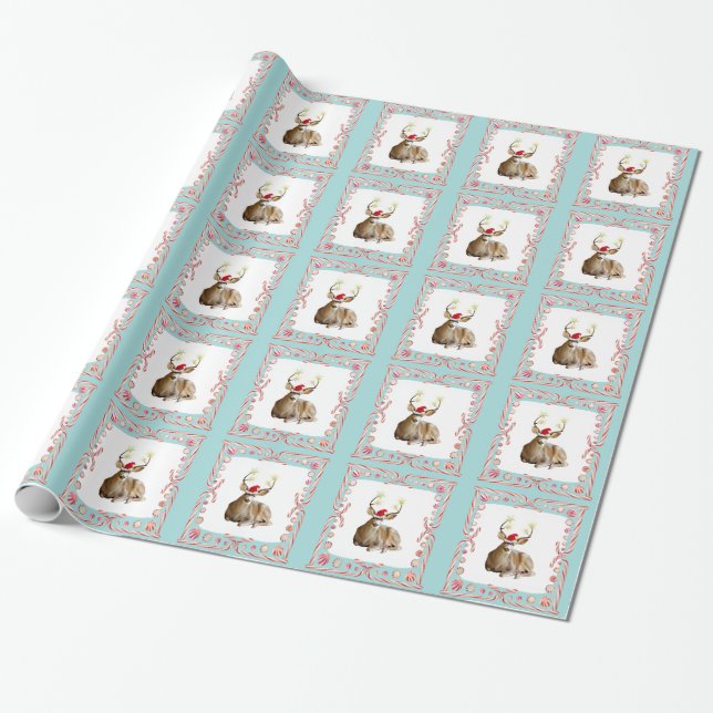 Christmas Deer Peppermint Candy Wrapping Paper (Unrolled)