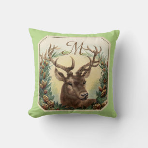 CHRISTMAS DEER,PINE CONE CROWN MONOGRAM Mint Green Cushion