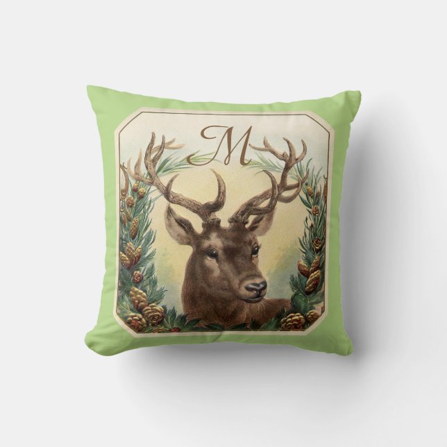 CHRISTMAS DEER,PINE CONE CROWN MONOGRAM Mint Green Cushion (Front)
