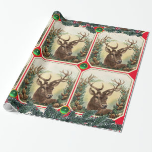 CHRISTMAS DEER,PINE CONES CROWN,GREEN GEMS Red Wrapping Paper