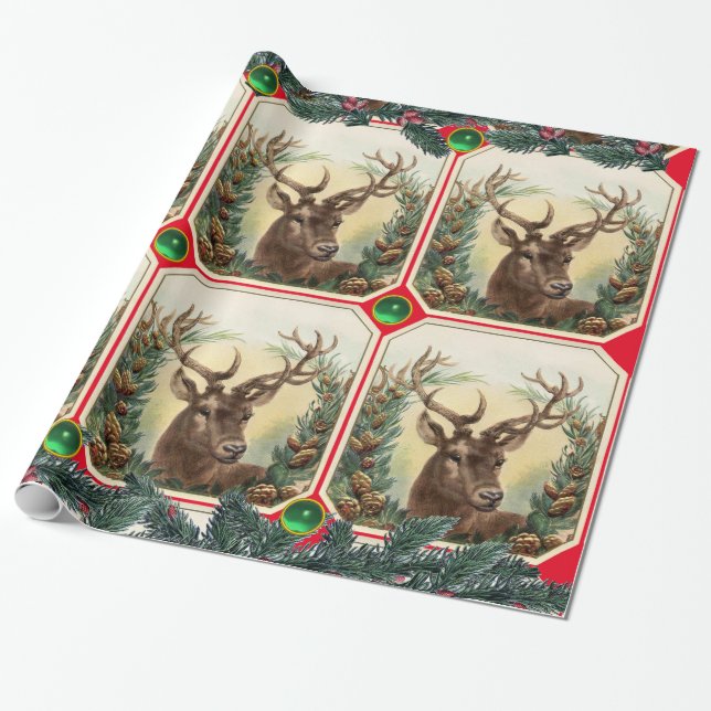 CHRISTMAS DEER,PINE CONES CROWN,GREEN GEMS Red Wrapping Paper (Unrolled)