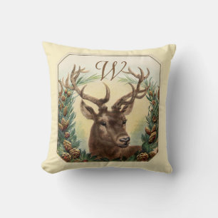 CHRISTMAS DEER,PINE CONES CROWN MONOGRAM Cream Cushion